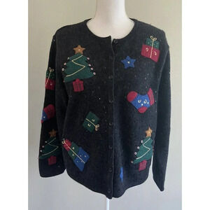 Talbots Cardigan Sweater Wool Christmas Holiday Gray Red Green Medium M